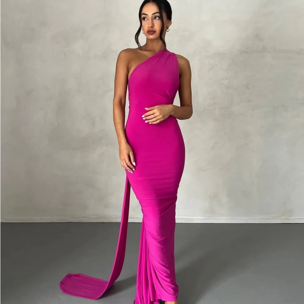 Multicolored Asymmetrical One-Shoulder Gown with Slit